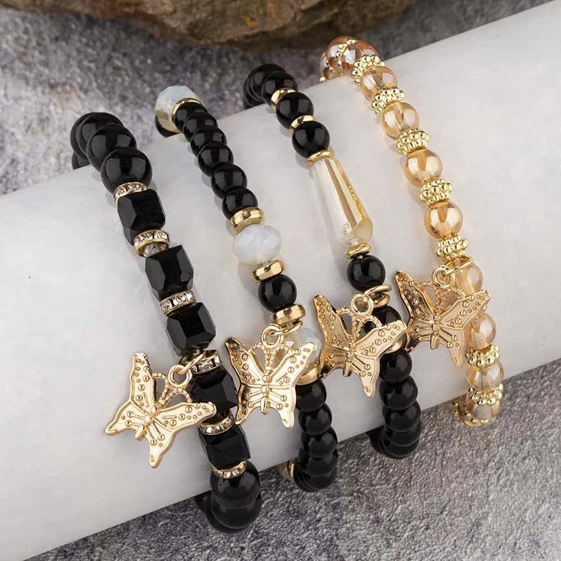 4-Piece Trendy Butterfly Beaded Bracelet Set for Women