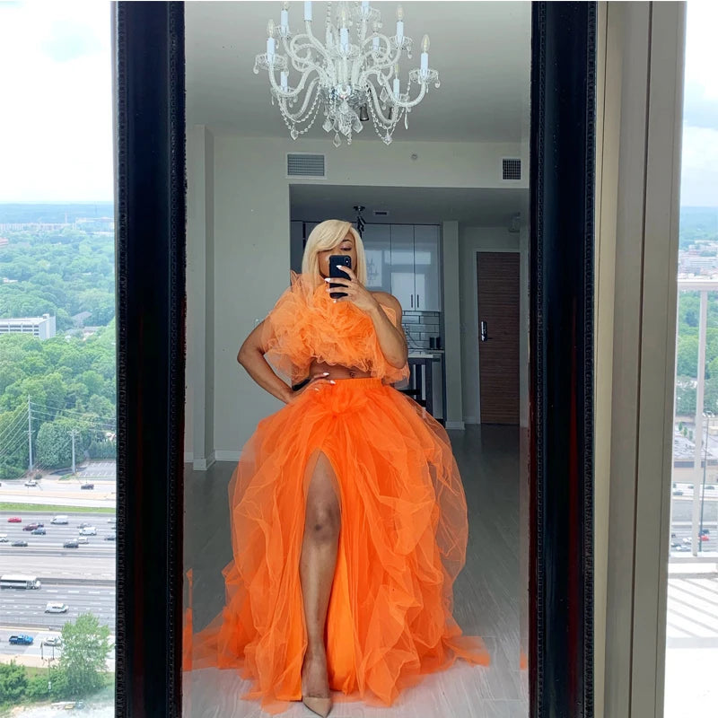 Women’s Tutu Long Skirt – Front Split Layered Tulle Puffy Skirts