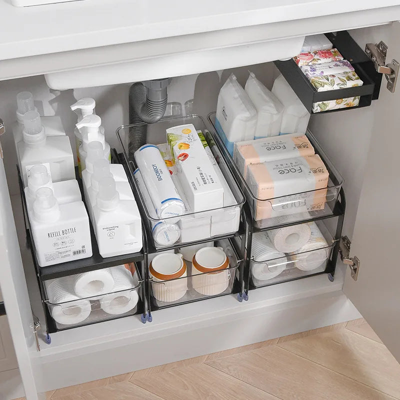 Kitchen Sink Storage Rack, Metal Storage Cabinet Storage Rack, Double-layer Pull-out Storage Rack Under Counter