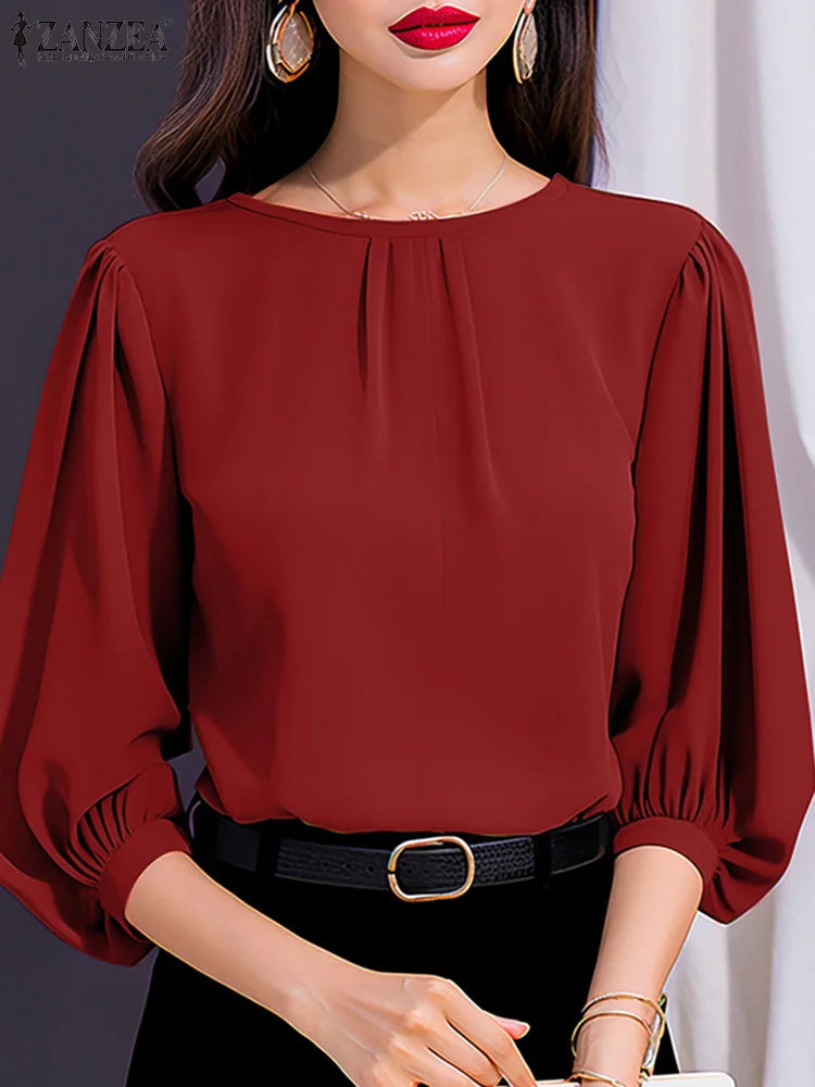 ZANZEA Women's Elegant 3/4 Lantern Sleeve Blouse