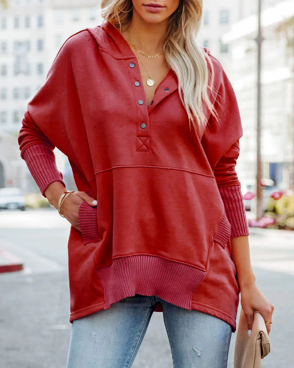 Stay Cozy in Style – Casual Loose White V-Neck Hooded Sweatshirt for Women