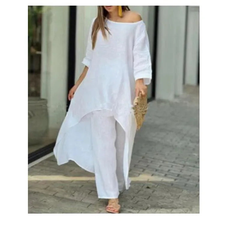 Two-Piece Women's African Outfit – Cotton Linen Top & Oversized Trousers