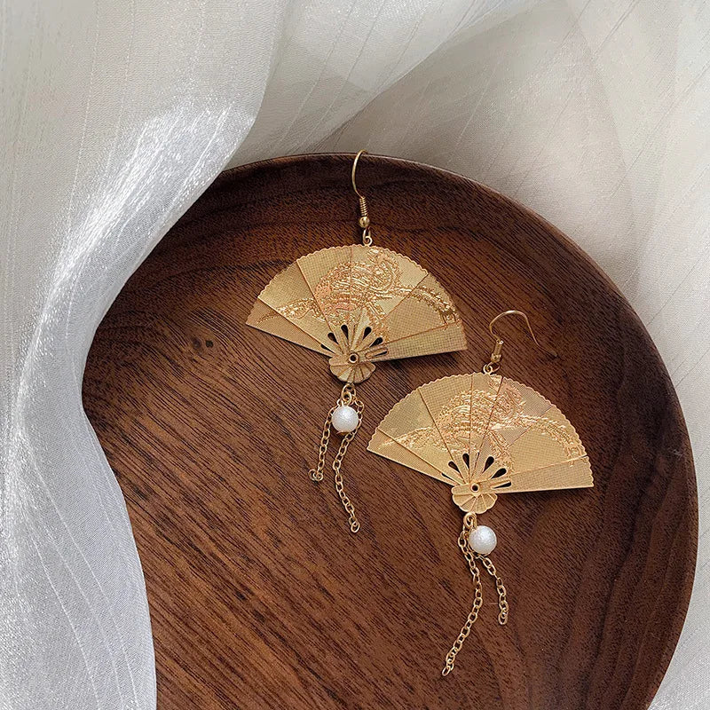 Chinese Style Metal Carved Fan Pearl Fringe Dangle Earrings