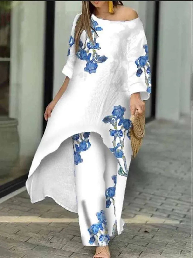 Women’s Two-Piece Pant Set – Floral Print, Casual & Comfortable