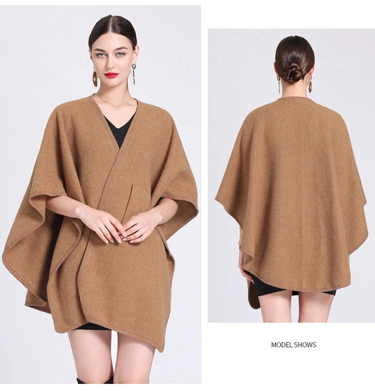 Fashion Side Strap Wool-Blend Poncho Cape – Autumn/Winter Women’s Cardigan Shawl Cloak