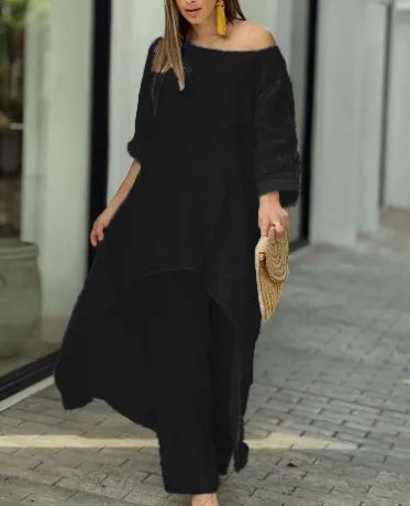 Two-Piece Women's African Outfit – Cotton Linen Top & Oversized Trousers