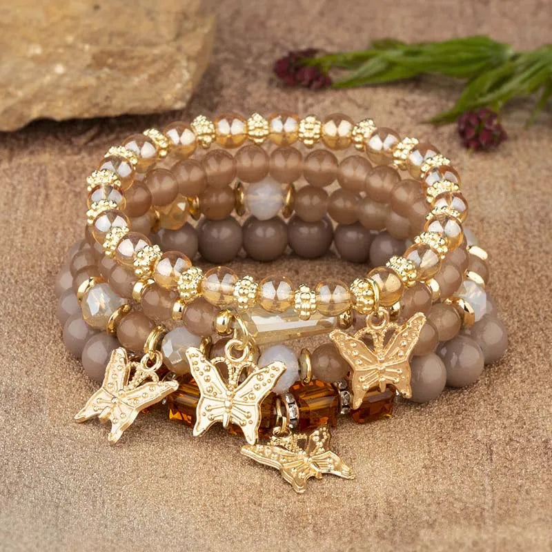 4-Piece Trendy Butterfly Beaded Bracelet Set for Women