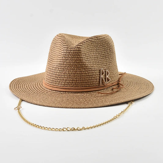 Fashionable Metal RB Letter Straw Hats – Unisex Summer Panama Jazz Style