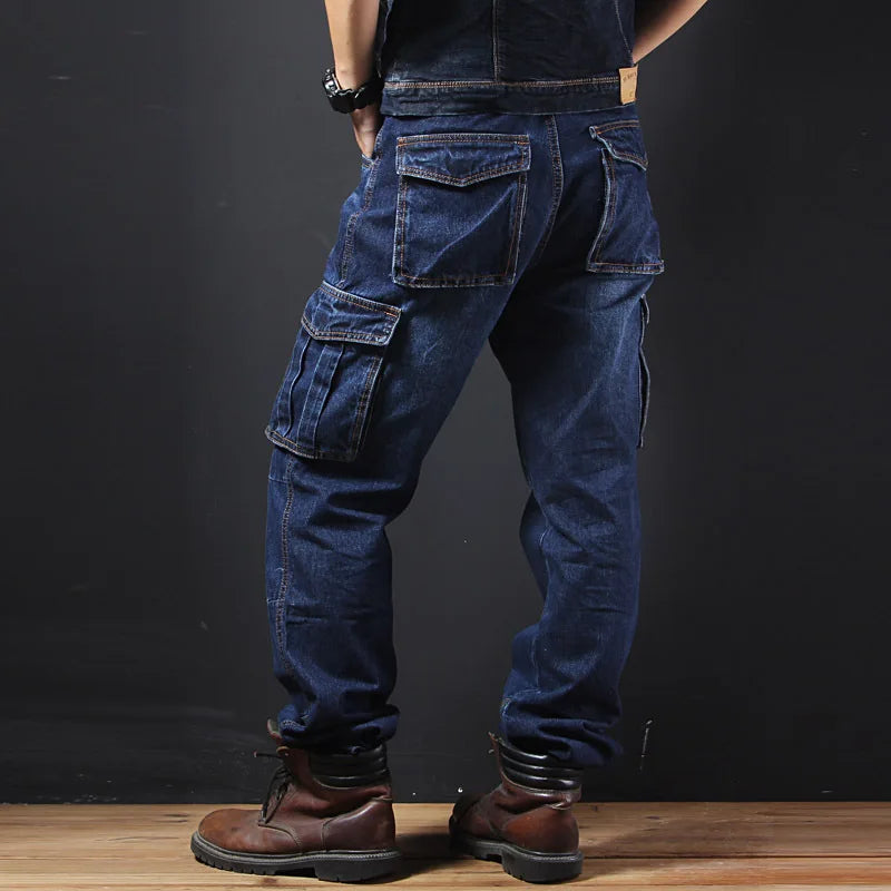 Men's Multi-Pocket Straight Cargo Jeans – Loose Fit Casual Denim