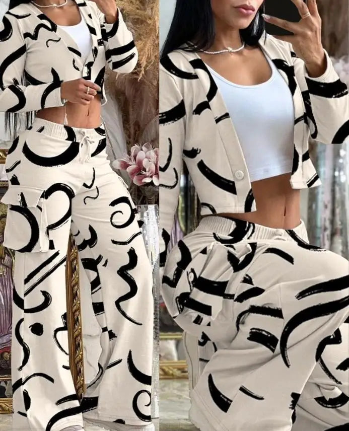 Women's Spring/Summer 2-Piece Set – Printed Crop Top & Casual Pants
