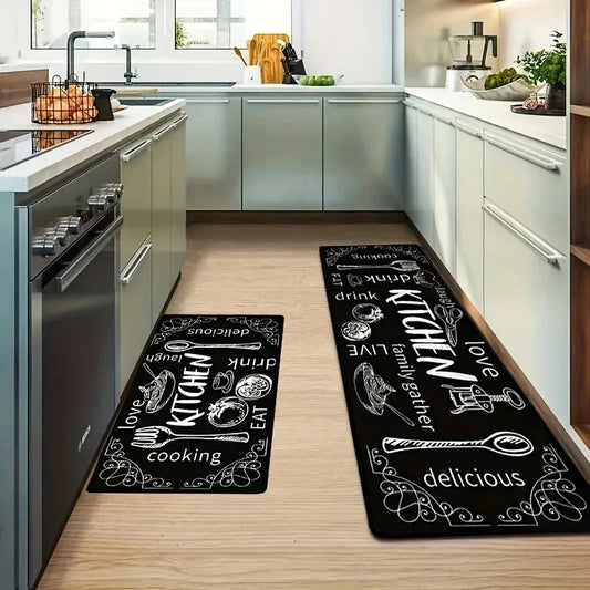 Kitchen Cutlery Theme Washable Floor Mat