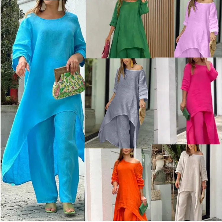 Two-Piece Women's African Outfit – Cotton Linen Top & Oversized Trousers