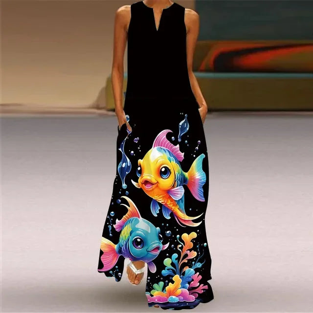 Summer Women’s Artistic Retro Sleeveless V-Neck Oversized Swing Maxi Dress | Casual Loose Boho Long