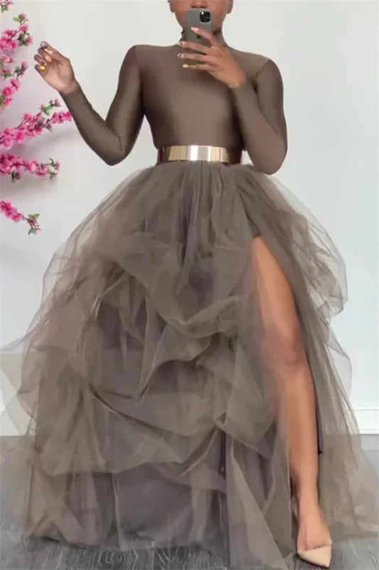 Women’s Tutu Long Skirt – Front Split Layered Tulle Puffy Skirts