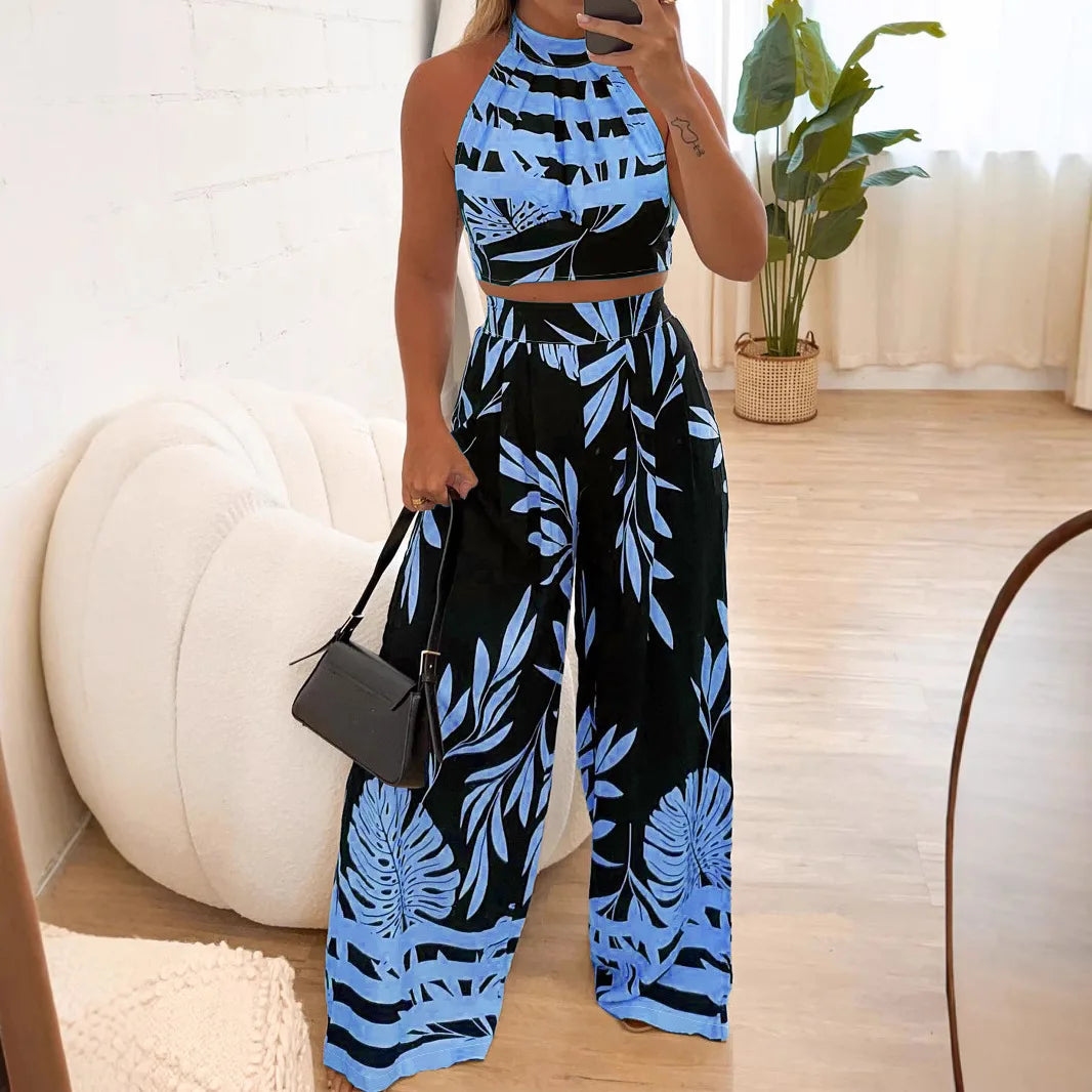 Sexy Halter Backless Vest & Wide-Leg Pants 2-Piece Set
