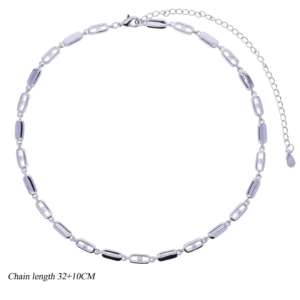 Geometric Rectangle Bling Micro Pave CZ Bar Link Chain Choker Lariat Y Necklace – Silver C