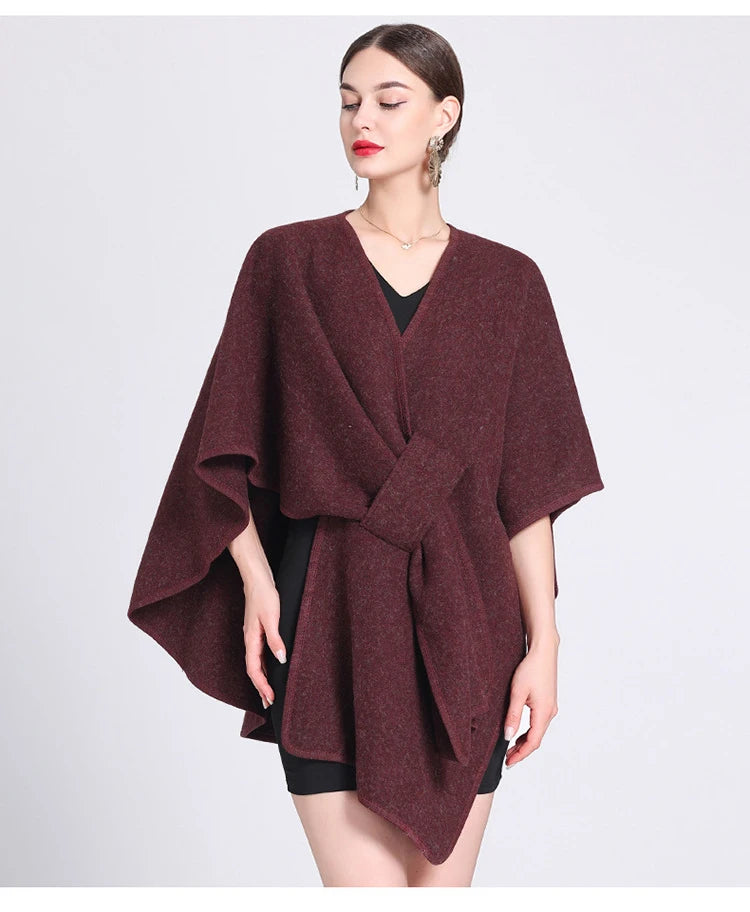 Fashion Side Strap Wool-Blend Poncho Cape – Autumn/Winter Women’s Cardigan Shawl Cloak