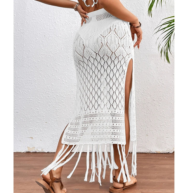 Women’s Knitted Texture Sarong Skirt – Sexy High Slit Tassel Beach Cover-Up