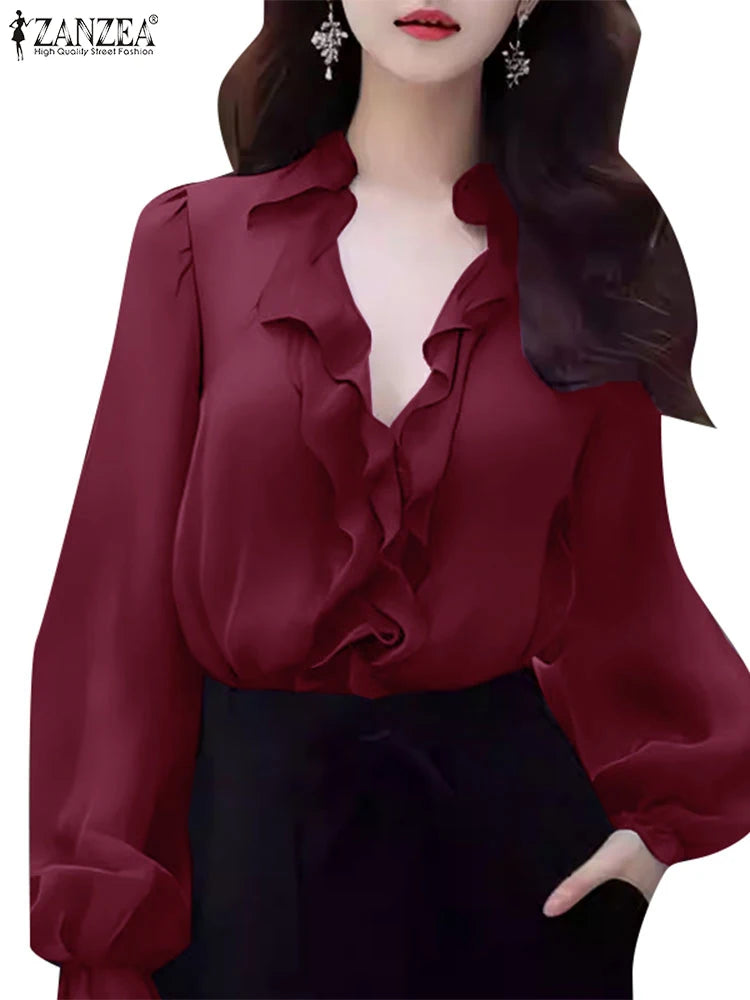 ZANZEA Women’s V-Neck Long Sleeve Blouse – Elegant Office Tunic Top