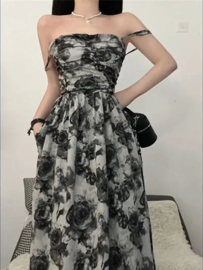 Rose Print Black Cardigan Dress Set – Lightweight, Loose, Casual Summer Sunscreen Two-Piece for Women
