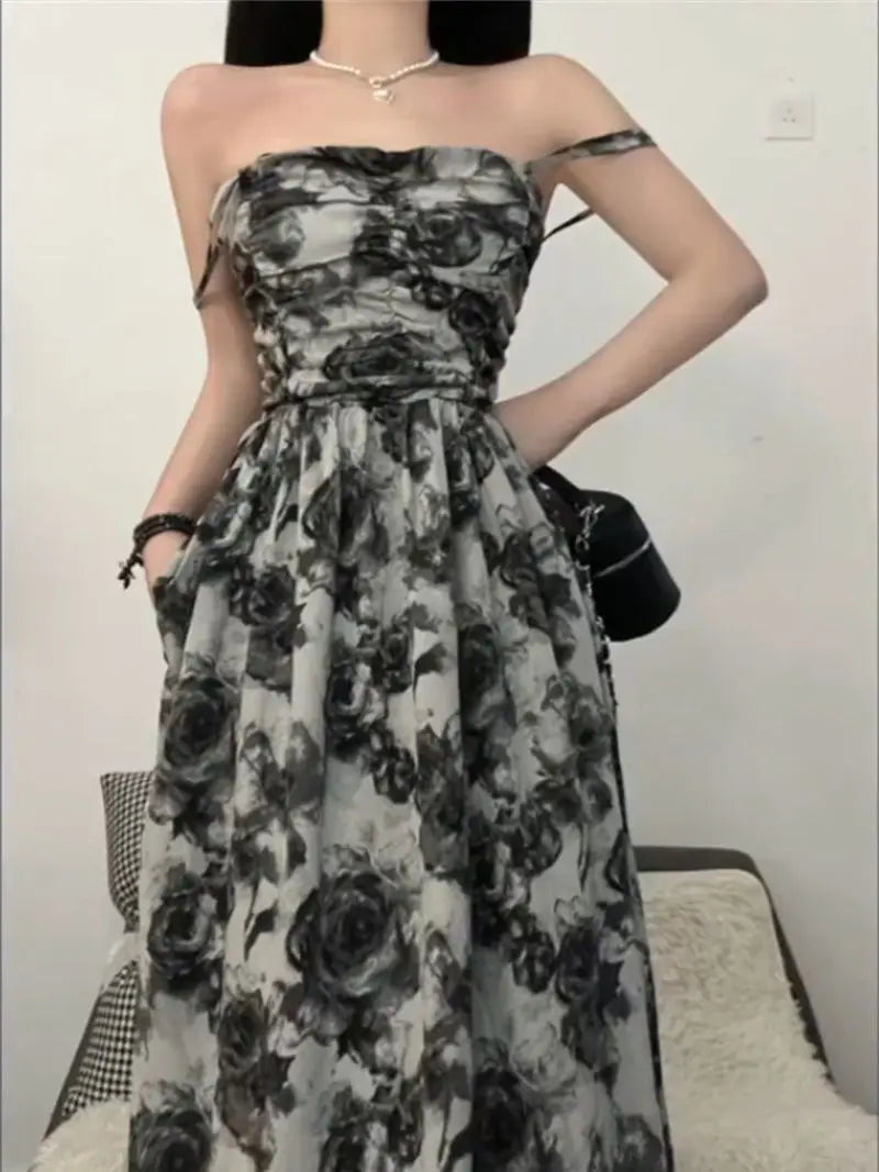 Rose Print Black Cardigan Dress Set – Lightweight, Loose, Casual Summer Sunscreen Two-Piece for Women