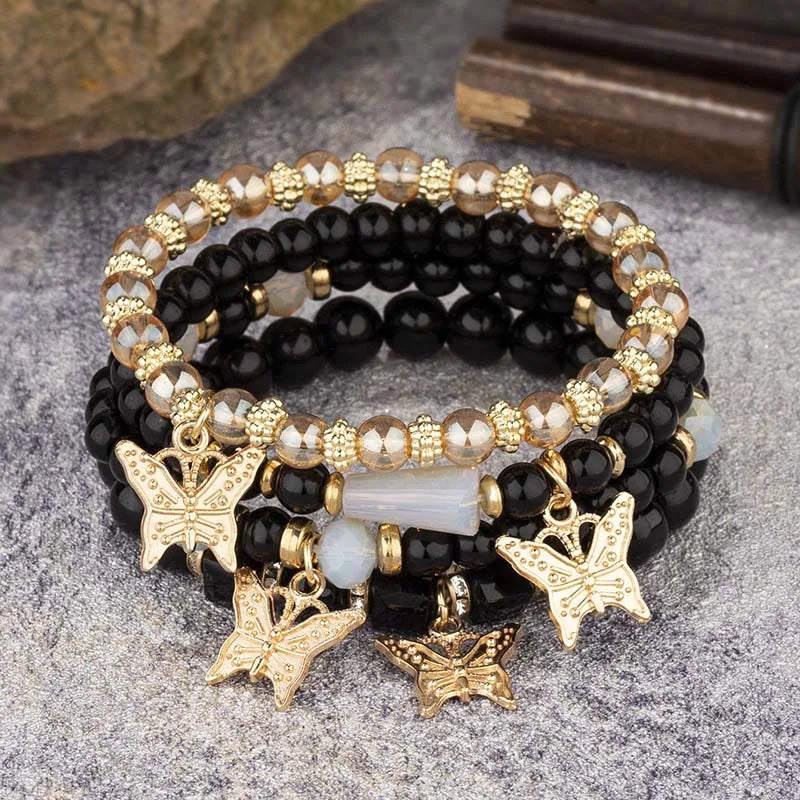 4-Piece Trendy Butterfly Beaded Bracelet Set for Women