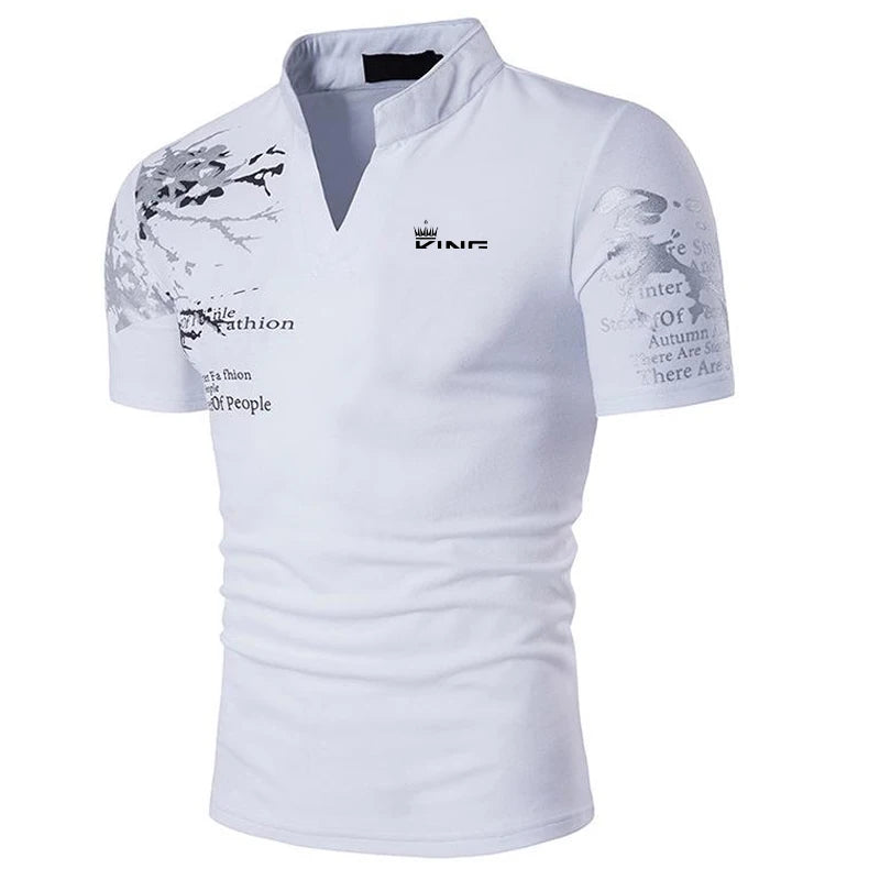 Men’s Graphic Print Polo Shirt – V-Neck Short Sleeve Streetwear