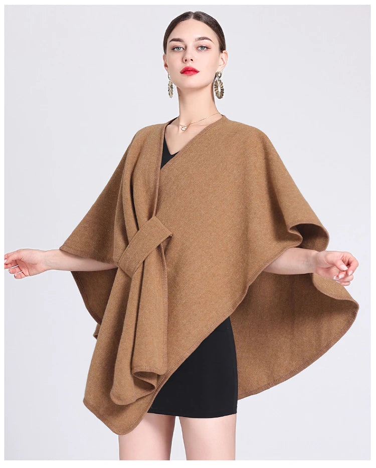 Fashion Side Strap Wool-Blend Poncho Cape – Autumn/Winter Women’s Cardigan Shawl Cloak