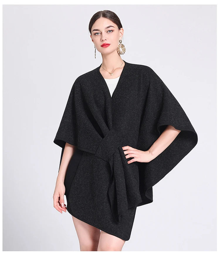 Fashion Side Strap Wool-Blend Poncho Cape – Autumn/Winter Women’s Cardigan Shawl Cloak