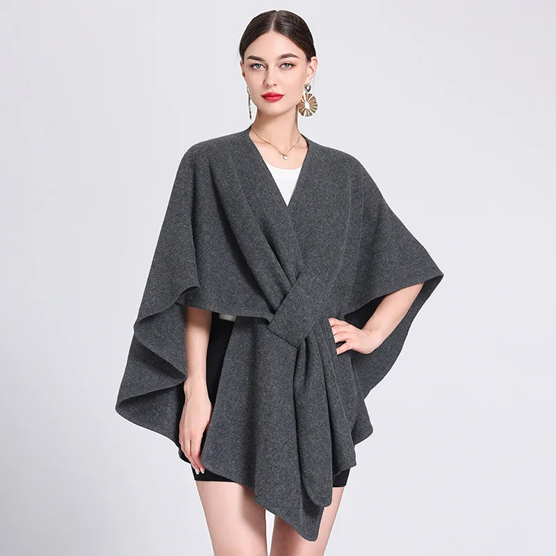 Fashion Side Strap Wool-Blend Poncho Cape – Autumn/Winter Women’s Cardigan Shawl Cloak