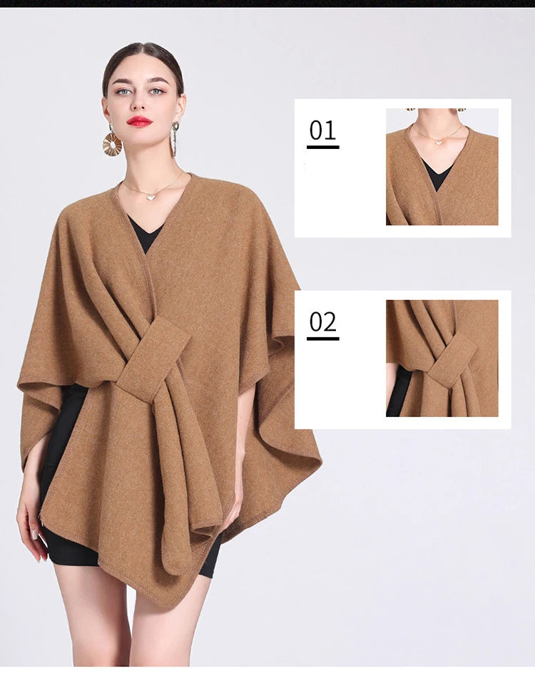 Fashion Side Strap Wool-Blend Poncho Cape – Autumn/Winter Women’s Cardigan Shawl Cloak