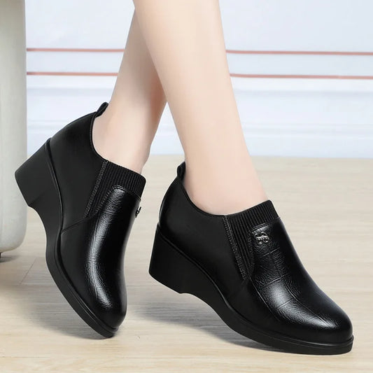 New Trendy Wedge Heel Leather Shoes for Women