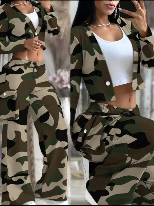 Women's Spring/Summer 2-Piece Set – Printed Crop Top & Casual Pants