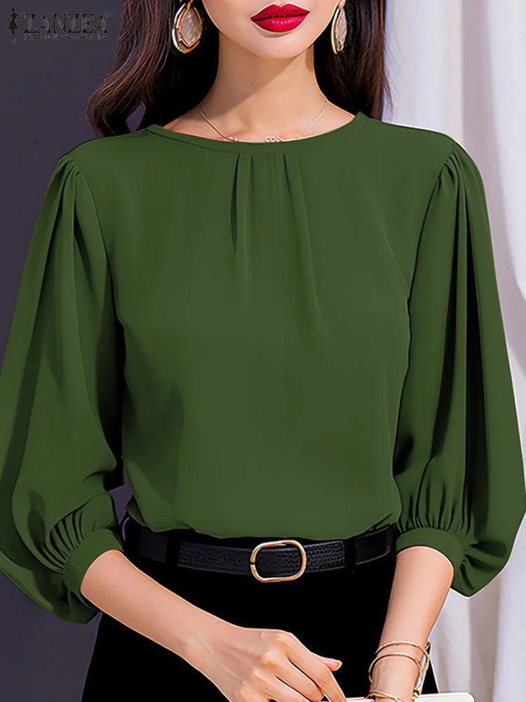 ZANZEA Women's Elegant 3/4 Lantern Sleeve Blouse