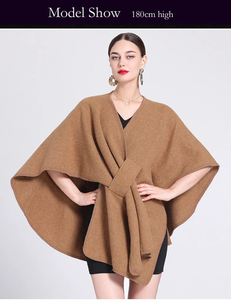 Fashion Side Strap Wool-Blend Poncho Cape – Autumn/Winter Women’s Cardigan Shawl Cloak