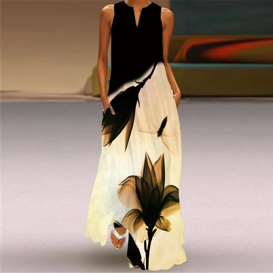 Summer Women’s Artistic Retro Sleeveless V-Neck Oversized Swing Maxi Dress | Casual Loose Boho Long