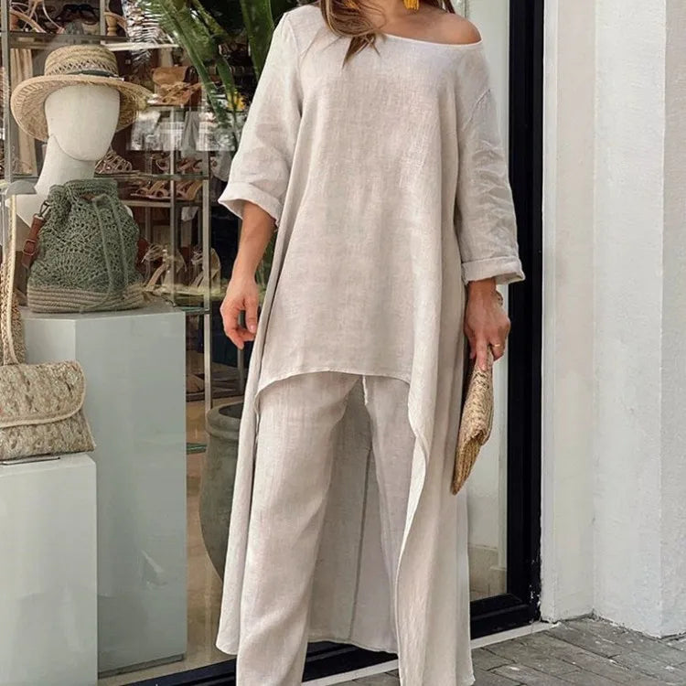 Two-Piece Women's African Outfit – Cotton Linen Top & Oversized Trousers