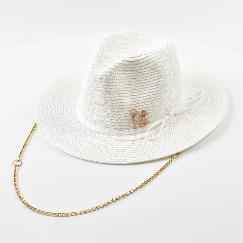 Fashionable Metal RB Letter Straw Hats – Unisex Summer Panama Jazz Style