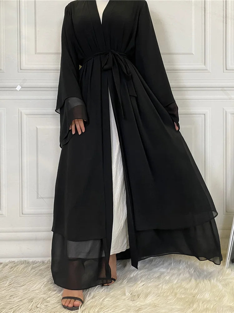 Latest Muslim Abaya – Two-Layer Chiffon Elegant Cardigan Robe for Women