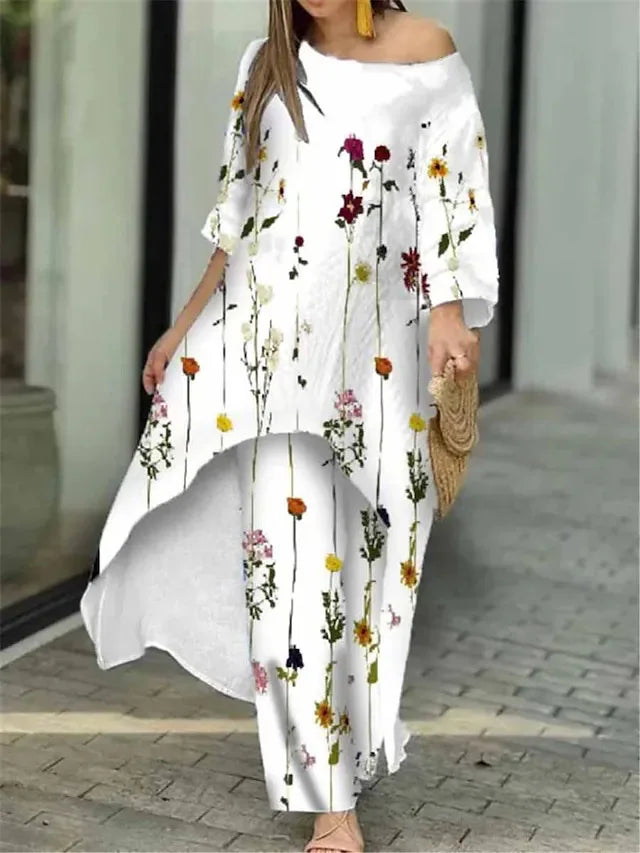 Women’s Two-Piece Pant Set – Floral Print, Casual & Comfortable