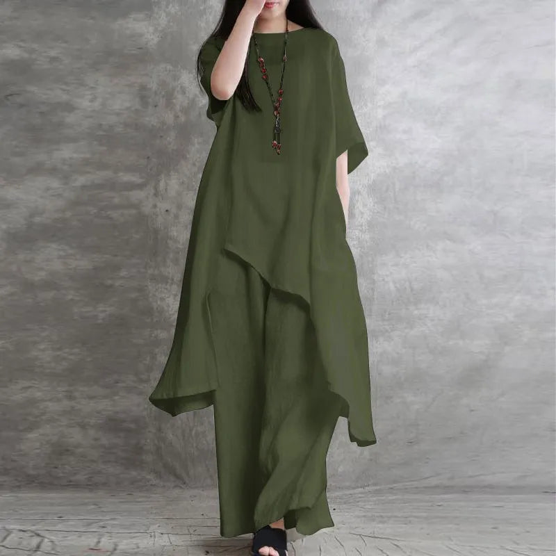 Women’s Cotton Linen 2-Piece Set – Casual Plus Size Sportswear Suit