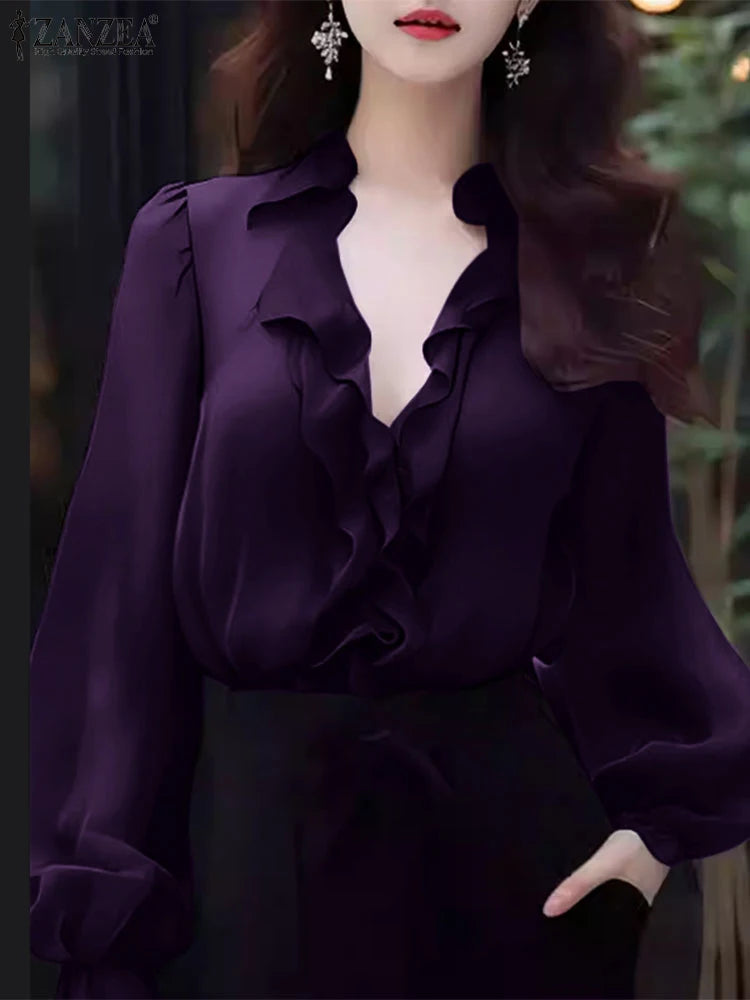 ZANZEA Women’s V-Neck Long Sleeve Blouse – Elegant Office Tunic Top