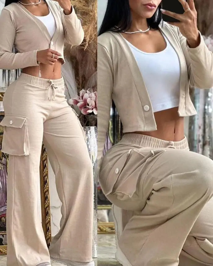 Women's Spring/Summer 2-Piece Set – Printed Crop Top & Casual Pants