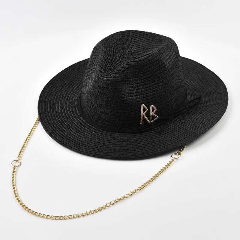 Fashionable Metal RB Letter Straw Hats – Unisex Summer Panama Jazz Style