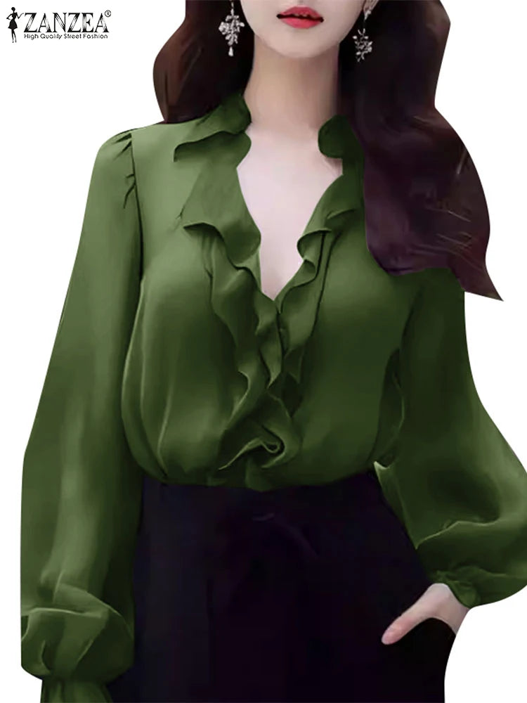 ZANZEA Women’s V-Neck Long Sleeve Blouse – Elegant Office Tunic Top