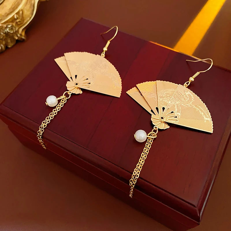 Chinese Style Metal Carved Fan Pearl Fringe Dangle Earrings
