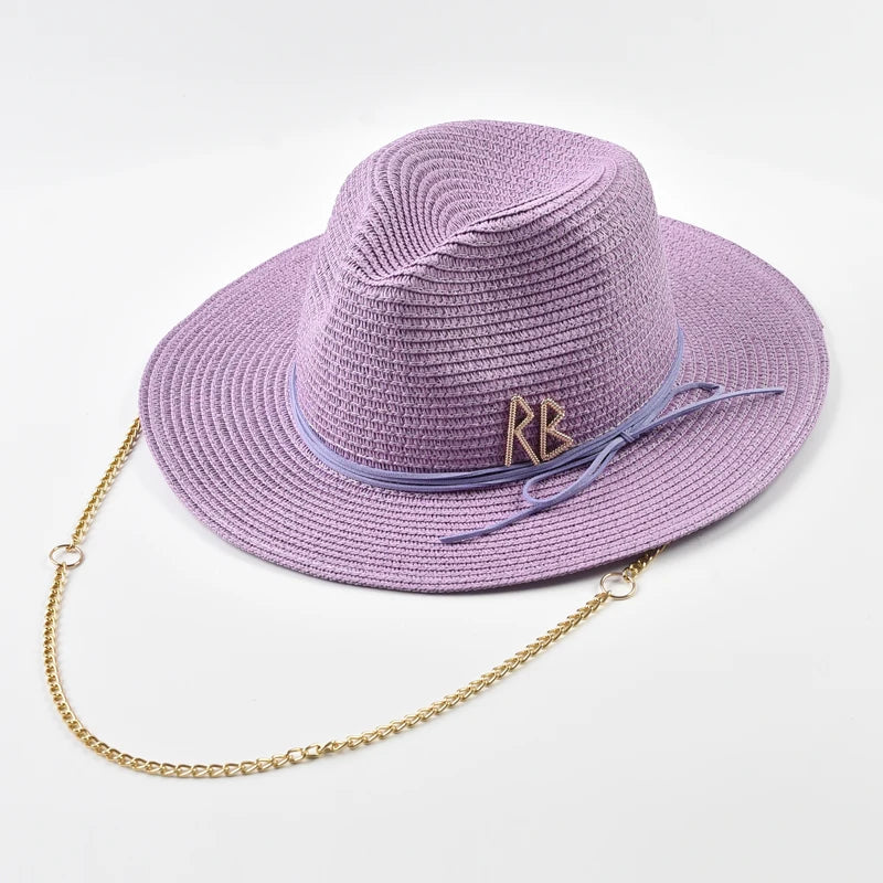 Fashionable Metal RB Letter Straw Hats – Unisex Summer Panama Jazz Style