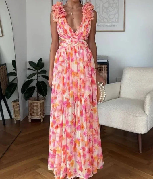 Summer Women's Long Skirt – Elegant Print, Backless & Sleeveless