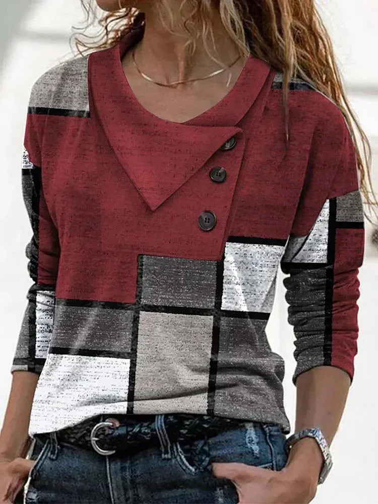 Fashion Geometry Print Long Sleeve T-Shirt for Women