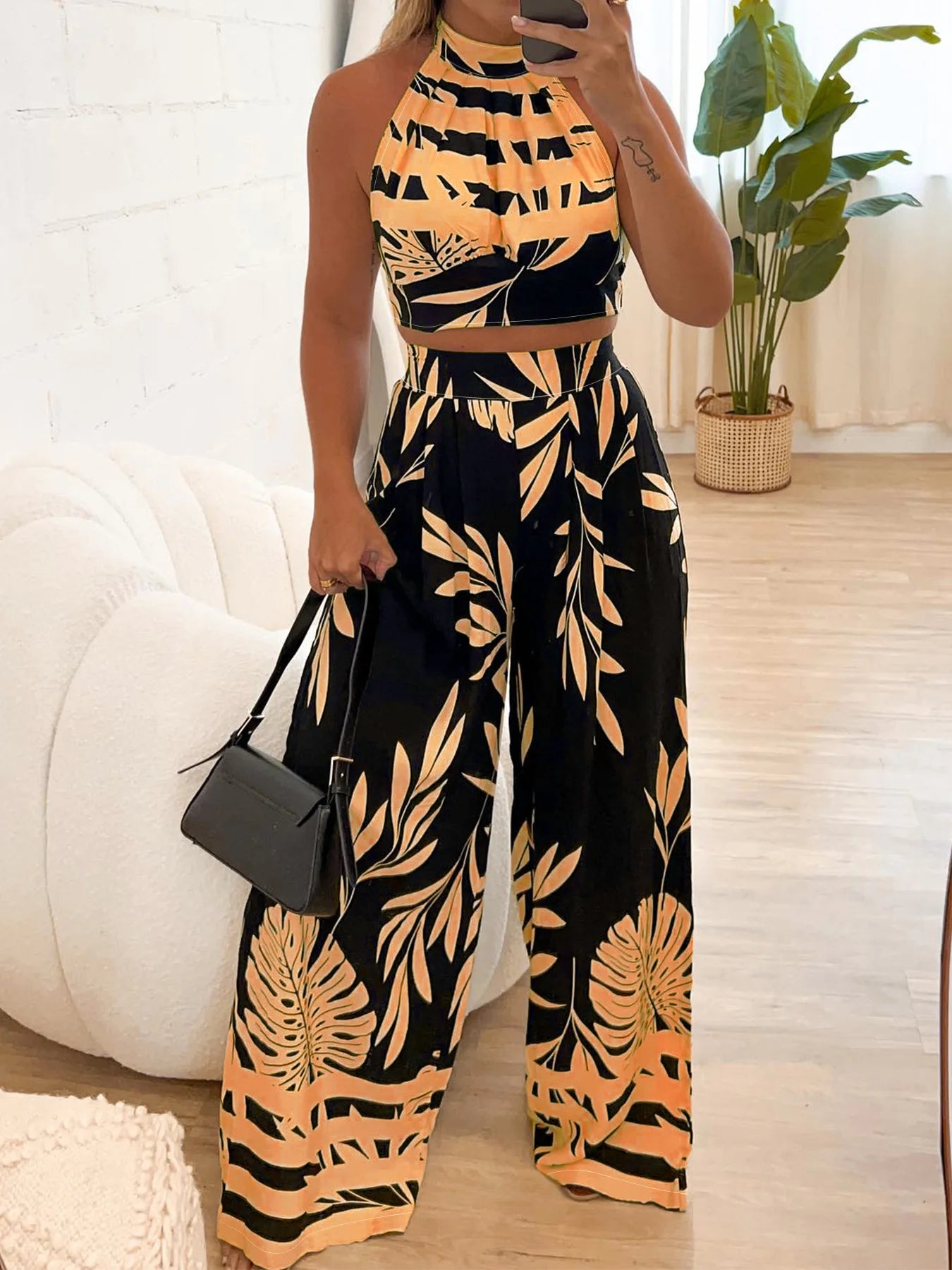 Sexy Halter Backless Vest & Wide-Leg Pants 2-Piece Set